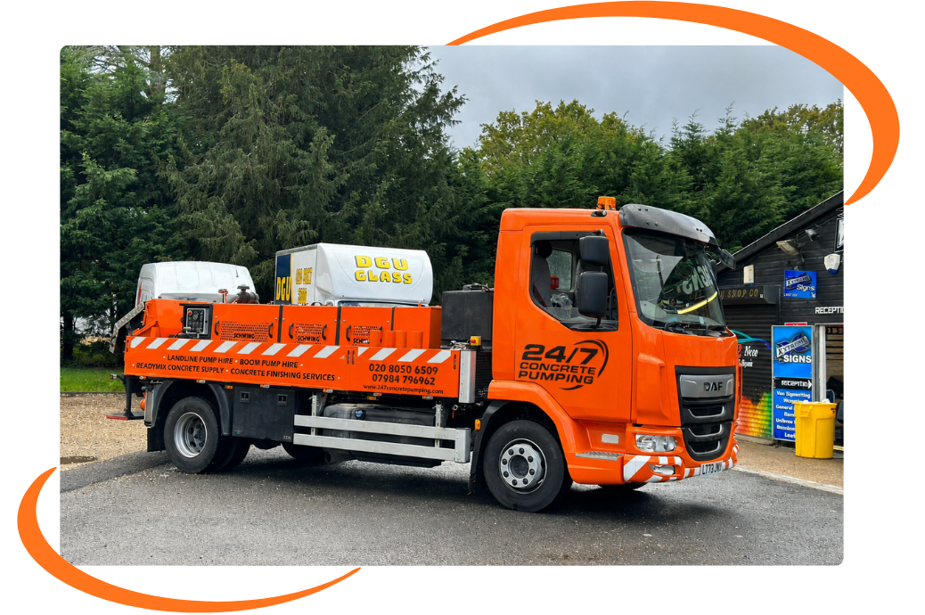 Orange 24/7 Concrete Pumping truck with line pump hire, boom pump hire and readymix concrete supply listed on the side